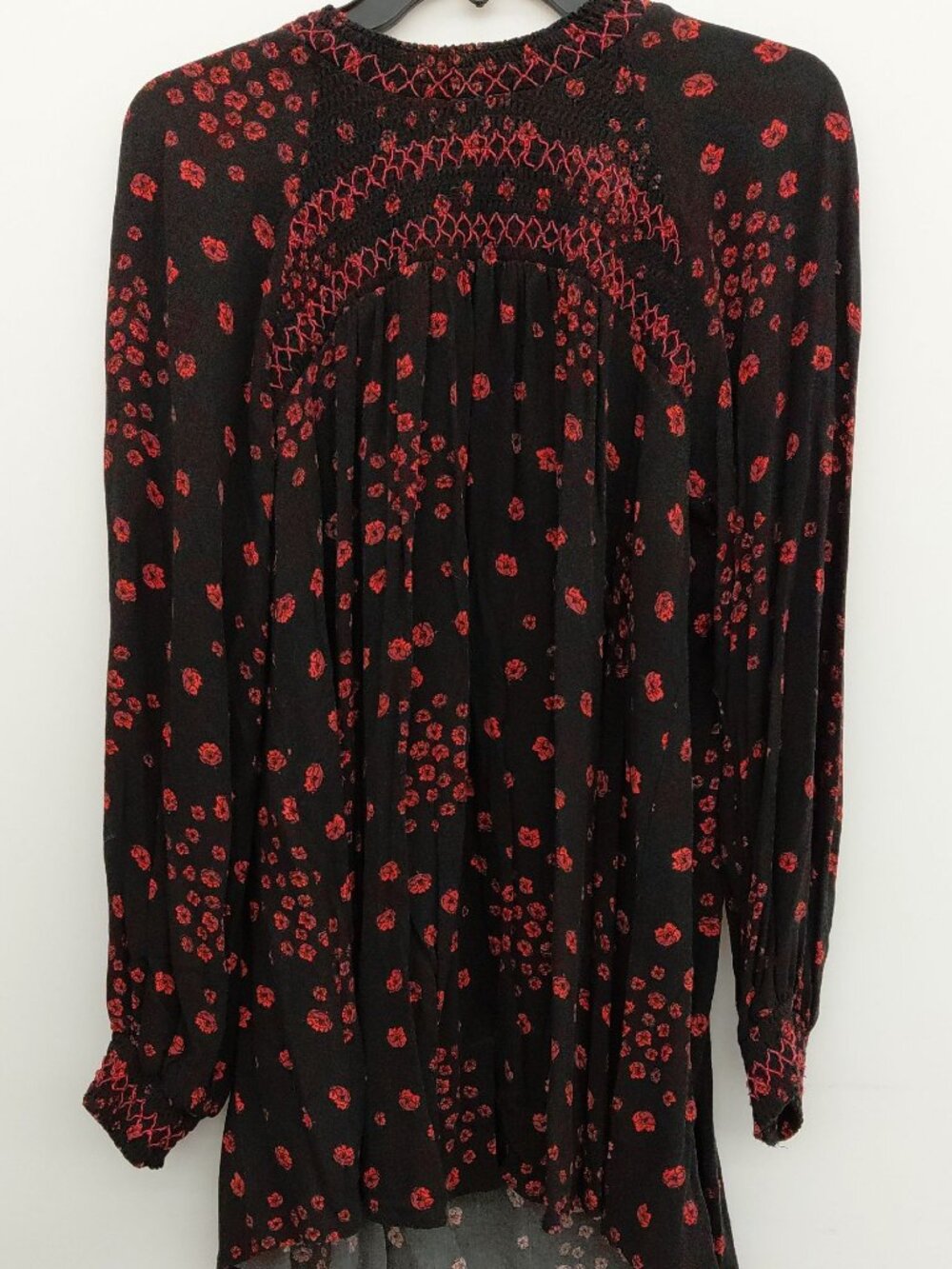Free People Women's Black Red Floral Rayon Long Sleeve Tunic Dress